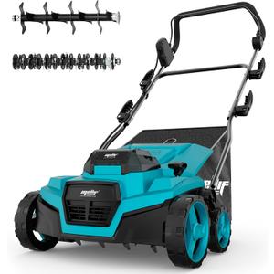 36V 15" Brushless Cordless Electric Dethatcher and Scarifier Compatible with Makita 18V Battery(Tool Only), w/12Gal Thatch Collection Bag, 5-Depth Adjustment, Quick-Fold, Walk Behind for Lawn Care (Blue)