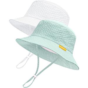 HONGTEYA Baby Sun Hat Toddler Boy Bucket Hat Kids Summer Beach Hat Wide Brim Sun Protection (6-24 Months, White/Lightblue)