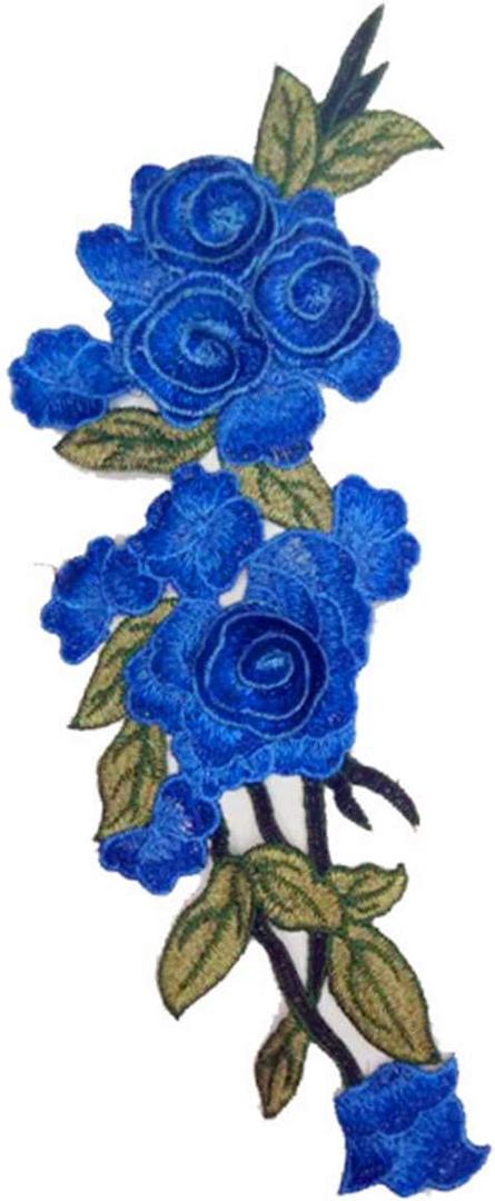 MSCFTFB 4 Pieces 3D Long Rose Flower Embroidered PatchSew on Patches Applique Sewing Crafts Kit for Clothes Jeans Jackets Bags DIY Embellishments Decorations (Blue)