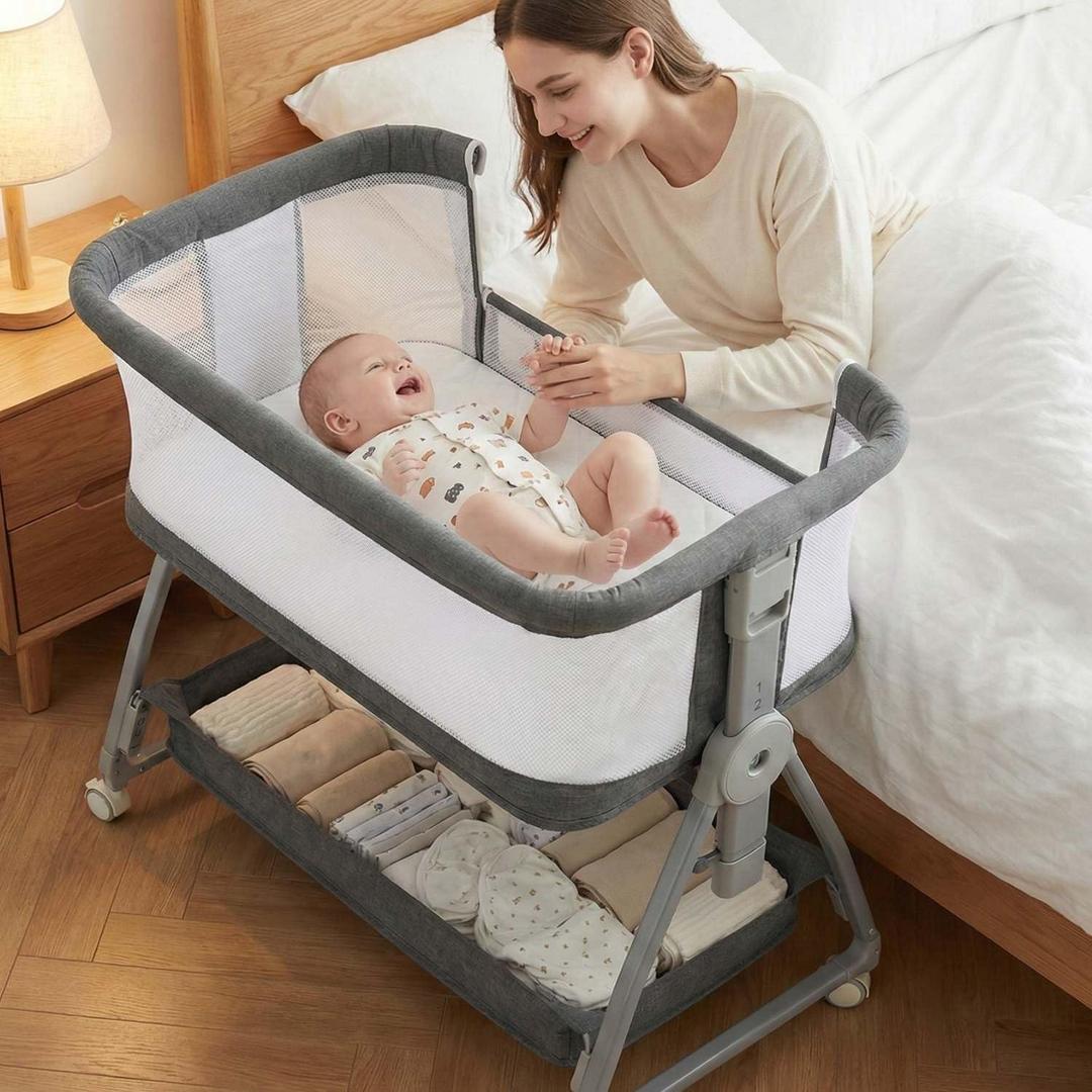 Bedside Bassinet for Baby, Sturdy 3 in 1 Bedside Sleeper with Mattress & Wheels, Height Adjustable, Breathable Mesh, Storage Basket, Easy to Assemble for Newborn, Grey, Crib