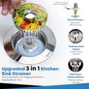 Upgraded 3 in 1 Kitchen Sink Drain Strainer - Stainless Steel Sink Stopper, Anti-Clogging Sink Food Catcher Basket, Fast Drainage Odor Filter Sink Plug for US Standard 3 1/2 inch Drain (Silver-1Pack)