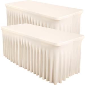 2 Packs Ivory Spandex Tableclothes for 8 Foot Rectangle Table, Spandex Table Covers 8FT Stretch Table Skirts Rectangle Wrinkle Free Fitted Tablecover for Event, Wedding, Banquet & Parties