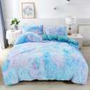 RYNGHIPY Super Soft Fuzzy Faux Fur Duvet Cover Set Rainbow Bedding Set for Girls Blue Tie Dye Plush & Velvet Flannel Comforter Cover with 2 Pillowcases (Colorful Blue,Queen)