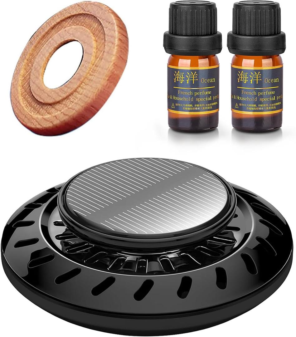 Kwak's UFO Solar Car Air Freshener, Rotating Dashboard Decorations for Car Interior, Funny Air Freshener Car Accessories with Wooden Aroma Ring (Black)