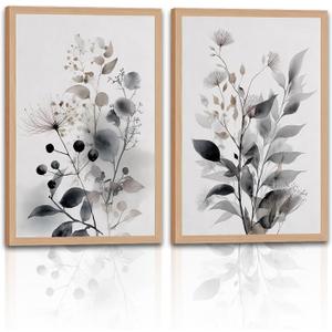 2 Piece Framed Botanical Wall Art, Neutral Floral Canvas Prints 16x24in