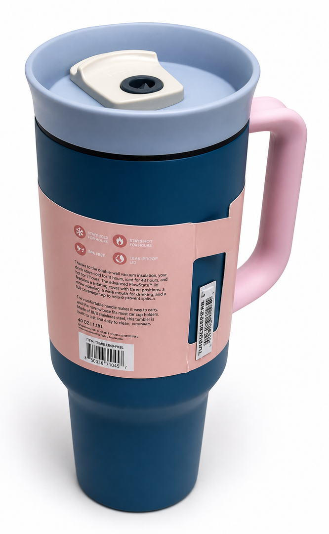 Owala Stainless Steel Triple Layer Insulated Travel Tumbler with Spill Resistant Lid, Straw, and Carry Handle, BPA Free, 40 oz, With Two Different Lids