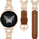 Leather Band Compatible for Samsung Galaxy Watch 7/6/5/4 40mm 44mm/Watch 4/6 Classic/5 Pro/Active 2, 20mm Dressy Watch Strap with Bling Butterfly Metal Buckle for Women (Brown 1/Butterfly)