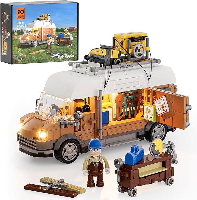 FUNWHOLE Carpentry Van Lighting BuildingBricks Set  Farm Woodworker Car Collectible Display Set 496 Pcs for Adults and Teen