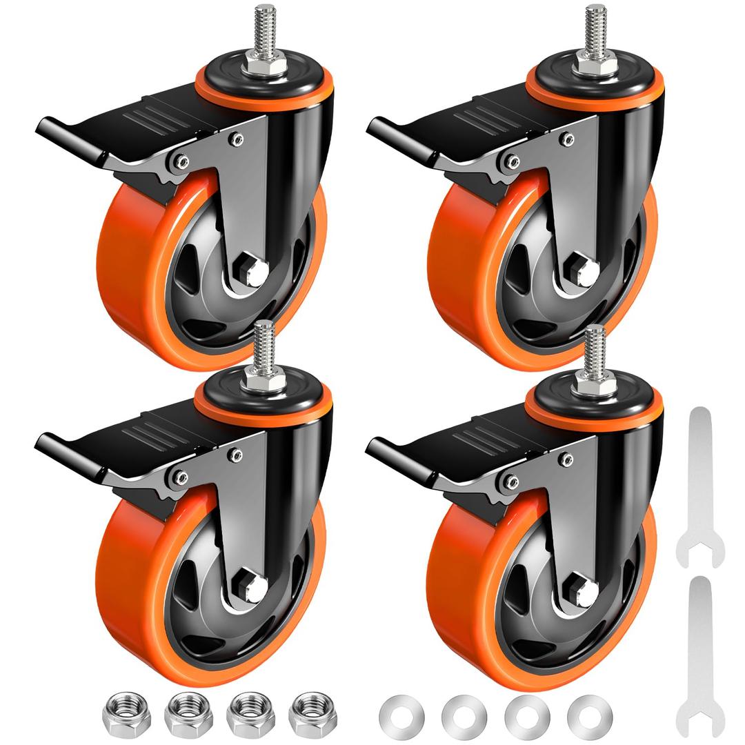 Caster Wheels Heavy Duty 3 Inch Stem Caster 1/2"-13 x 1(Stem Diameter 1/2", Stem Length 1"), Safety Locking Caster Set of 4, Industrial Castor Wheels for Cart,Furniture, Orange