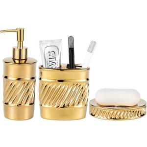 3-Piece Ceramic Bathroom Accessories Set - Soap Dispenser, Toothbrush Holder & Soap Dish with Modern Wave Embossed Design for Bathroom Accessory Set (Gold)