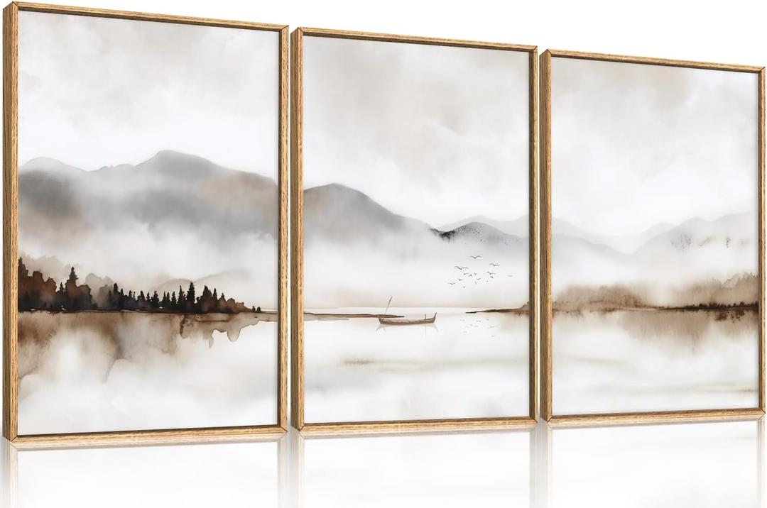 Neutral Abstract Mountain Framed Canvas Print Wall Art Set,Watercolor Beige and Gray Calming Landscape Wall Decor,Modern Minimalist Nature Artwork for Living Room,Bedroom-16 x24 x3