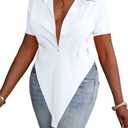 LYANER Women's Collar V Neck Button Front Short Sleeve Slit Hem Long Shirt Blouse Top, size small