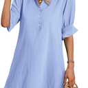 FENSACE Womens Casual Shirt Dress Ruffle Sleeve Button Down Shift Summer Dresses with Pockets (Blue, M)