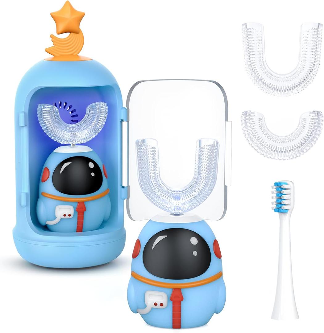 FTOYIN Kids Electric Toothbrush with 3 Brush Heads, U Shaped Ultrasonic Toothbrush Kids with 5 Modes, 45s Smart Reminder, 360-Degree Automatic Cleaning, IPX7 Waterproof Design (3 Count (Pack of 1))