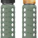 MUKOKO 32oz Glass Water Bottles with 2 Lids-Handle Spout Lid & Bamboo Straw Lid, Motivational Water Tumbler with Time Marker Reminder and Silicone Sleeve, Leakproof-Olive- Pack of 1