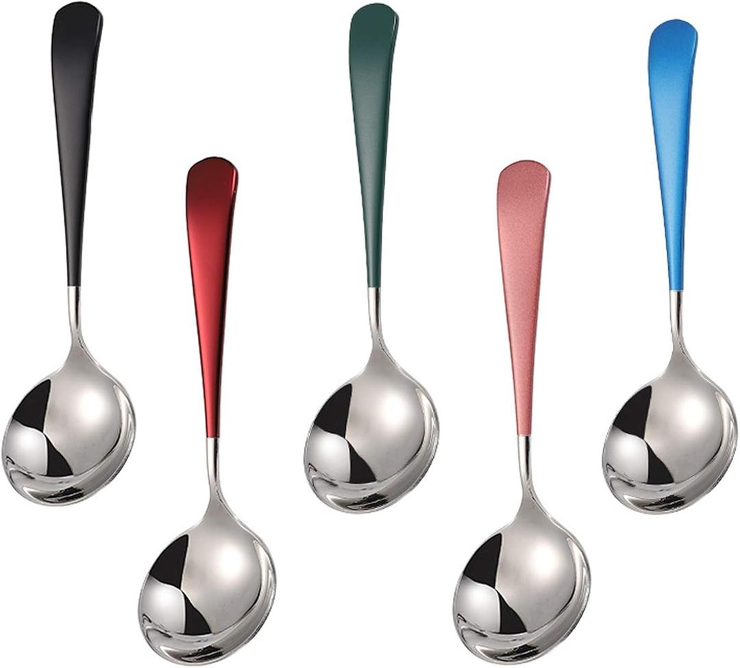 2 x Soup Spoons Stainless Steel, 18/10 Round Head Soup Spoons, Modern Thick Short handle 304 Stainless Steel Korean Spoon, Dinner Metal Spoons for Soup, Grain,Dessert,Milk,Tea,Coffee, 6.3 Inch, Set of 5