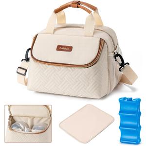 Breastmilk Cooler Bag with Ice Pack Fits 6 Baby Bottles up to 9 Ounce, Wearable Breast Pumps Cooler Bag for Nursing Mom Daycare, Work, Travel- Cream