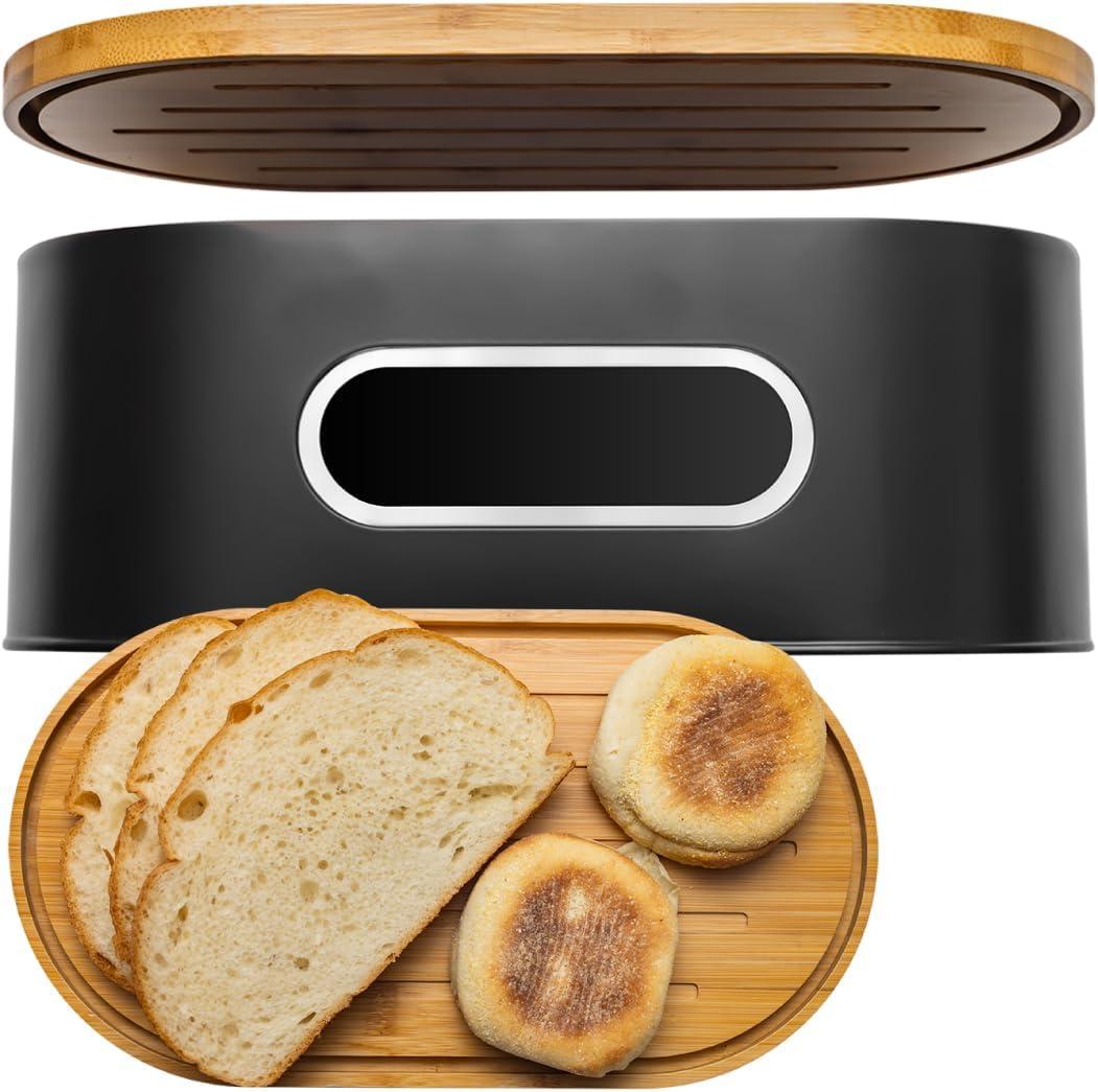 ANGORA BRANDS Large Bamboo Bread Box for Kitchen Countertop 2-Layer High Capacity Bread Bin with Clear Viewing Window Natural Wood Food Storage Organizer by Knivi, 13.63 inches x 5.13 inches