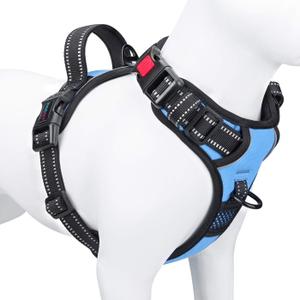 PHOEPET No Pull Dog Harness Reflective Adjustable Vest with a Training Handle, Name ID Pocket, 2 Metal Leash Hooks, 3 Snap Buckles [Easy to Put on & Take Off] (M, Baby Blue)