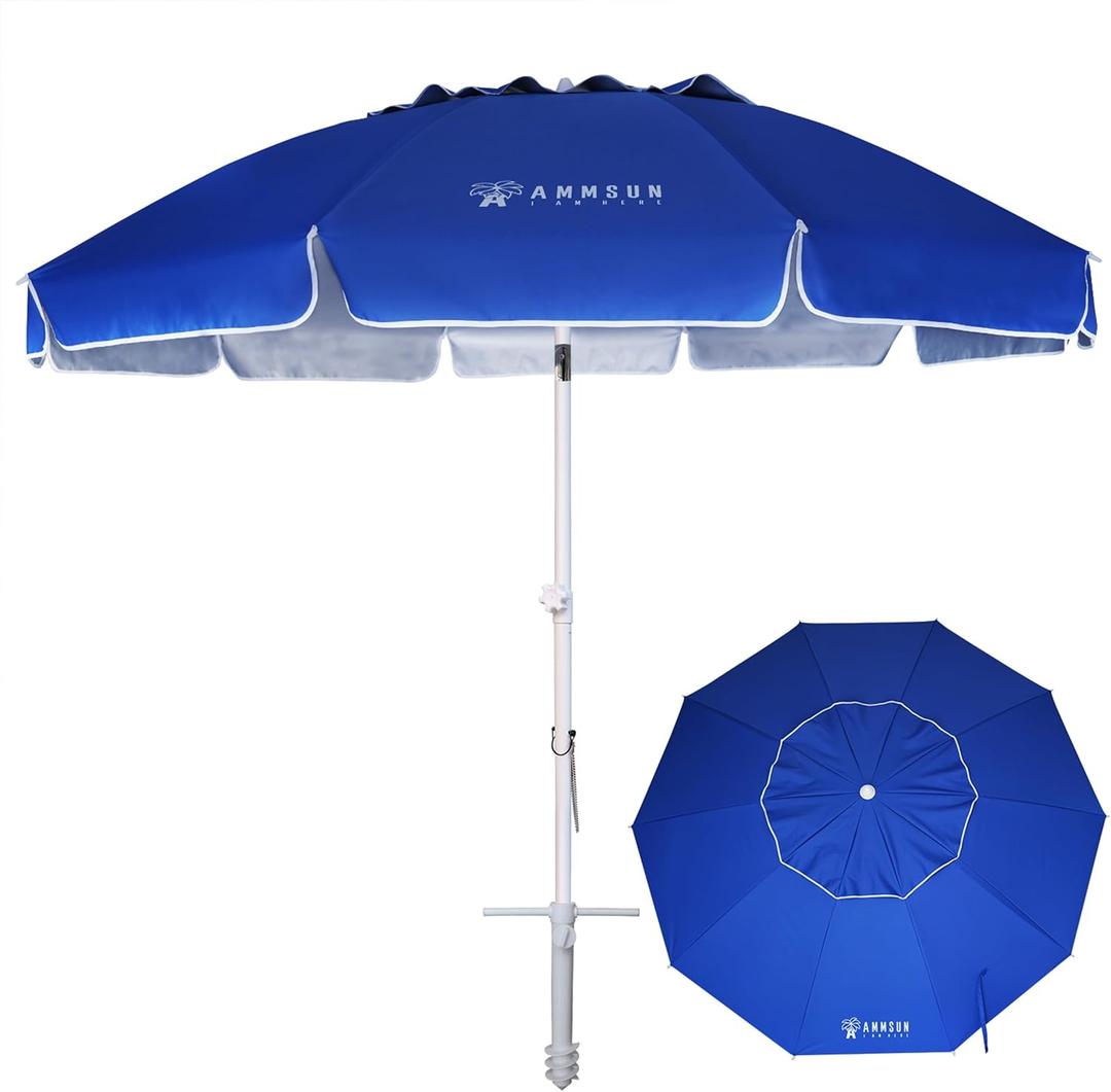 AMMSUN 8 Feet Large Beach Umbrella with Sand Anchor Heavy Duty High Wind Portable Outdoor Umbrellas UV 50+ Protection Air Vent Tilt Patio Garden Pool (Blue)