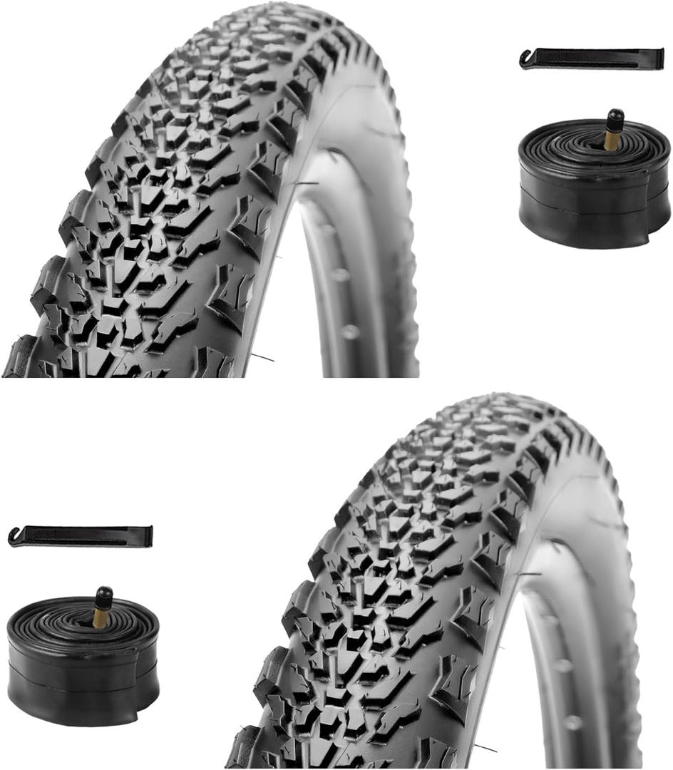 WHEELO Mountain Bike Tires Set: 2-Pack 26/27.5/29x2.1 Inch Folding Replacement Bicycle Tires and Pair Inch Schrader Valve Inner Tubes with Tire Levers for Off-Road Cycling