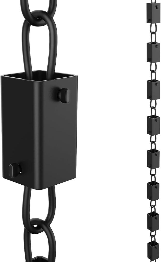 Square Rain Chain, 8.5 Feet Length, 2.36inch Big Size Cup, Rain Chains Direct Functional and Decorative Replacement for Gutter Downspouts, Black Powder Coated, V Gutter Clip Included, Black