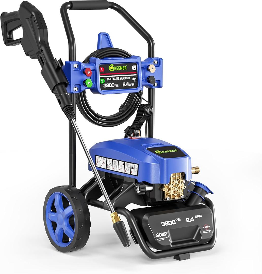 GREENER Electric Pressure Washer, 3800 Max PSI and 2.4 Max GPM, Onboard Soap Tank, Spray Gun and Wand, 5 Nozzle Set, for Cars/Fences/Driveways/Homes/Patios/Furniture-Blue