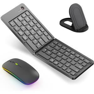 Wireless Bluetooth Keyboard & Mouse Combo, Foldable Mini Portable Typepad for iPad, iPhone, Tablet,Folding Rechargeable & Compatible with iOS, Windows, Android Devices, Laptops & Smartphones