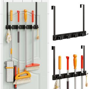 Over the Door Broom and Mop Rack - Wood Holder With 2 Hooks for Garage, Laundry Room - Drilling-Free Hanger and Storage Tool, Black