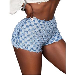 WDIRARA Women's Checkered Frayed Hem Mini Denim Shorts High Waisted Distressed Jean Shorts (Blue, XS)