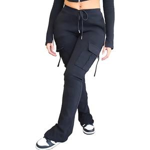 Molisry Women's Flare Cargo Sweatpants Casual High Waisted Split Stacked Leggings Workout Joggers with Pockets (XX-Large, 2black)