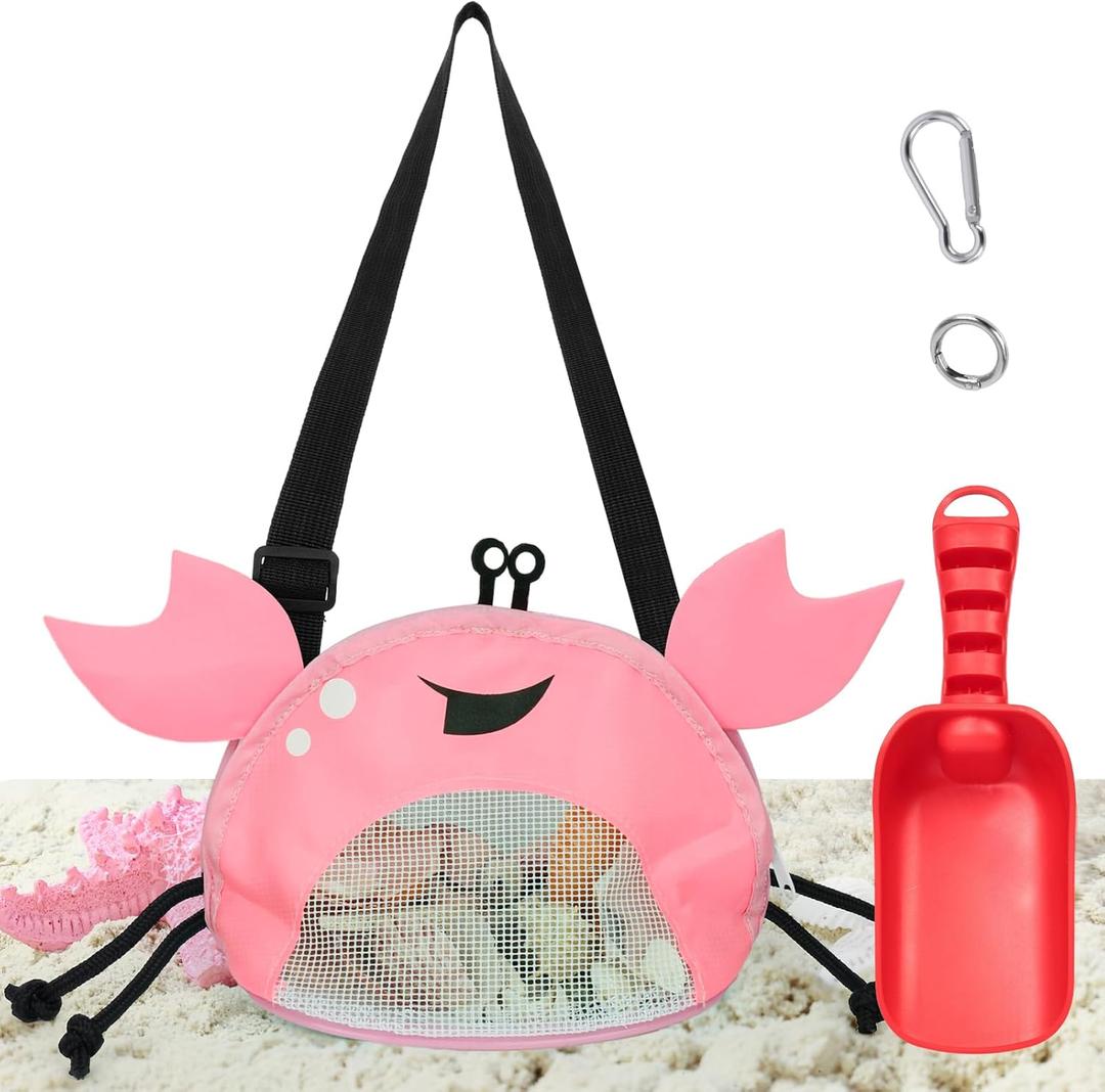 AMOR PRESENT Mesh Baby Beach Bag, Shell Collecting Bag with Shovel Crab-Shaped Adjustable Strap for Holding Shell Sea Pool Sand Toy, Pink