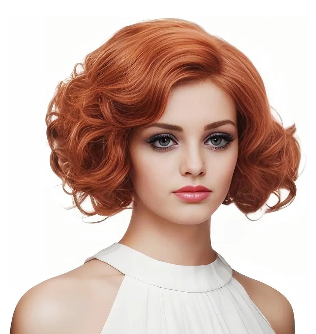Short Copper Red Wavy Wigs for Women Auburn Curly Natural Synthetic Wig Ginger Middle Part Full Wig for Role Play,Halloween,Daily Use, (5.91 x 3.94 x 1.18 inches)