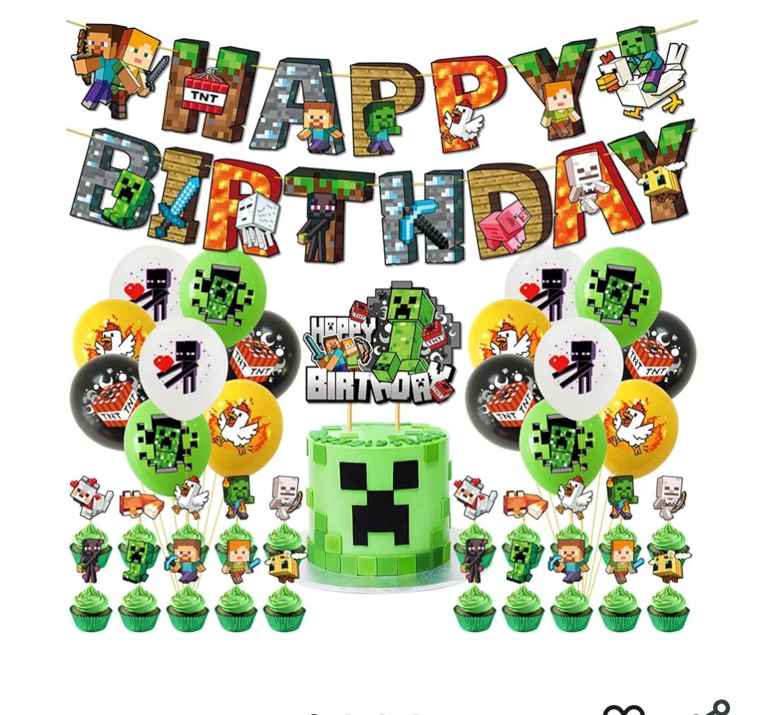 Pixel Game Birthday Party Decoration Supplies with Happy Birthday Banner, Backdrop, Latex Balloons,Cake & Cupcake Toppers for Miner Pixel Gamer birthday Decor