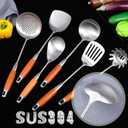 6-Pcs Metal Kitchen Cooking Utensils with Natural Rosewood Handle, Includes Wok Spatula, Ladle, Skimmer, Slotted Spatula Turner, Spaghetti Spoon, Large Spoon