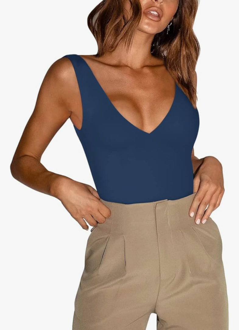 REORIA Butsmooth® Women’s Trendy Sexy Plunge Deep V Neck Sleeveless V Backless Going Out Tank Bodysuits Tops S