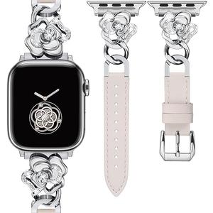Minyee Compatible with Apple Watch Band 42/41/40/38/44/45/46/49mm Women, Dressy Slim Elegant Leather Metal Chain Strap with Bling Camellia Charms for iWatch Series 11 10 9 8 7 6 5 4 SE/Ultra 3 2 1