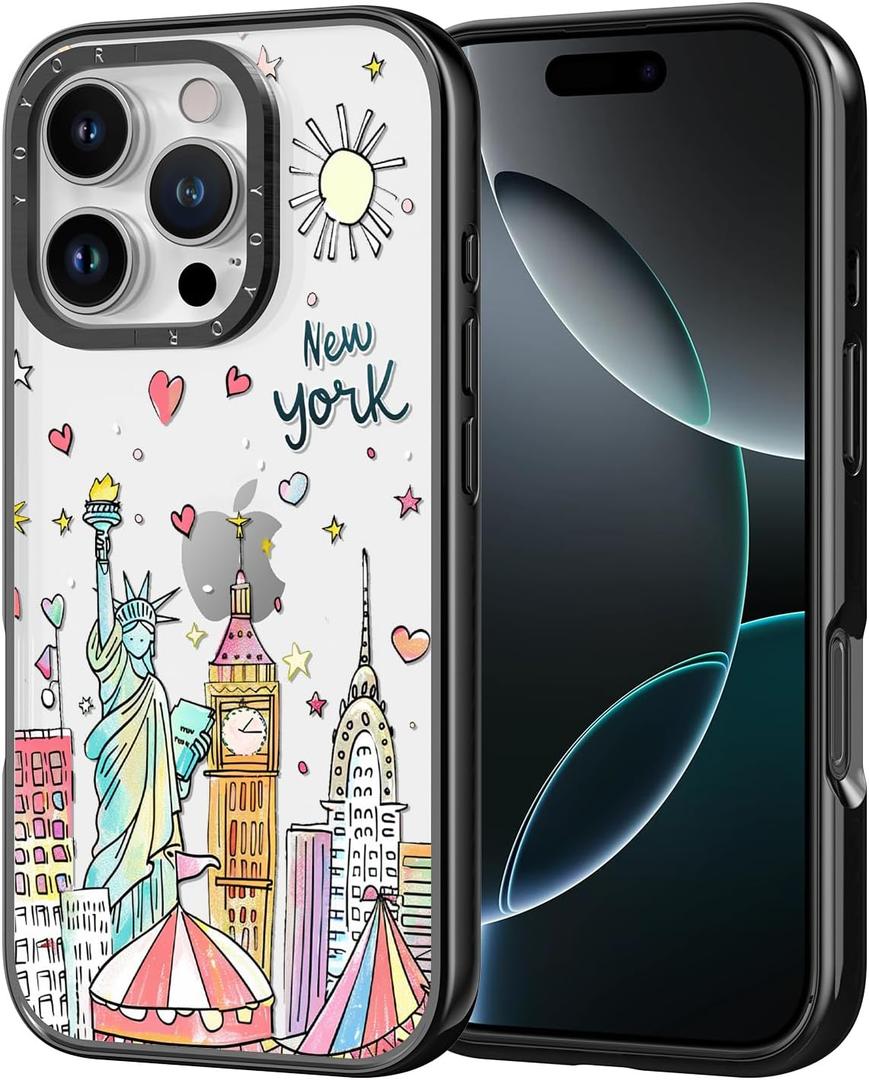 for iPhone Case - [6.6 ft Military-Grade Drop Protection] [Anti-Peel Technology] Clear Black TPU Bumper Case with Cute Design (Statue of Liberty, iPhone 16 Pro)