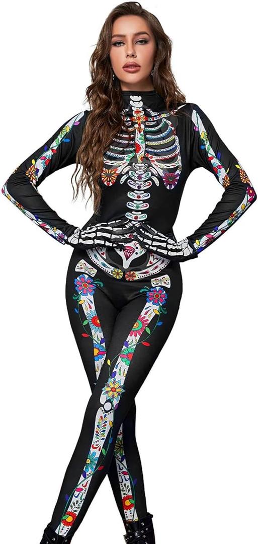 Skeleton Costume Women Womens Halloween Costumes Adult Skeleton Body Suits Women for Halloween Cosplay Role Play, S