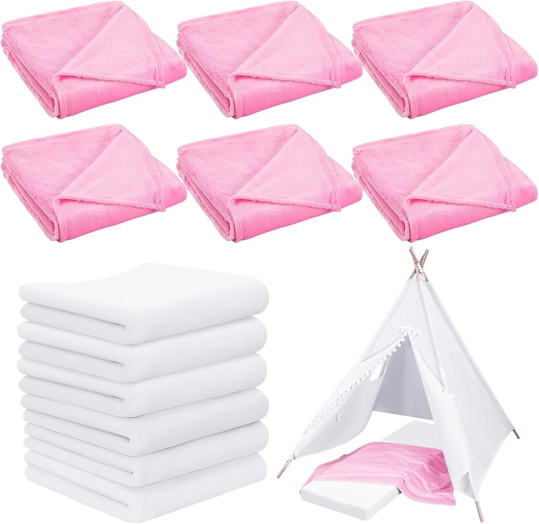SmoothNovelty 12 Pieces Sleepover Party Supplies Include Soft Throw Blankets and Mattress Sheet(Sheet Only) Pad Covers for Spa Sleepover Slumber Birthday Party Favors (White and Pink)