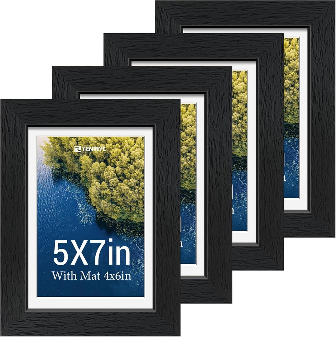 5x7 Picture Frame Set - 4 Pack, Black Wood Photo Frames - Tempered Glass - Displays Photos 4x6 with Mat or 5 x 7 without - Room, Office, Gallery, Studio, and Hallway Decor - Wall Hanging