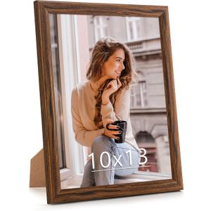 10x13 Wood Frame Brown, Natural Wooden 13x10in Picture Frames, Modern Golden 10 x 13inch Gallery Photo Pic Frame with HD Plexiglass, Horizontal Vertical Wall Mounting Tabletop Display 1Pcs