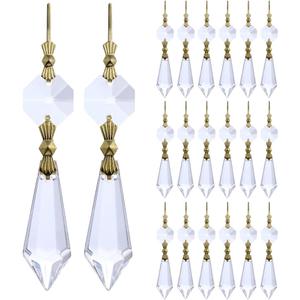 HDCRYSTALGIFTS 20Pcs 38mm Replacement Clear Chandelier Icicle Crystal Prisms Octogan Crystal Bead for Lamp Decor, Gold Bow Tie Connectors