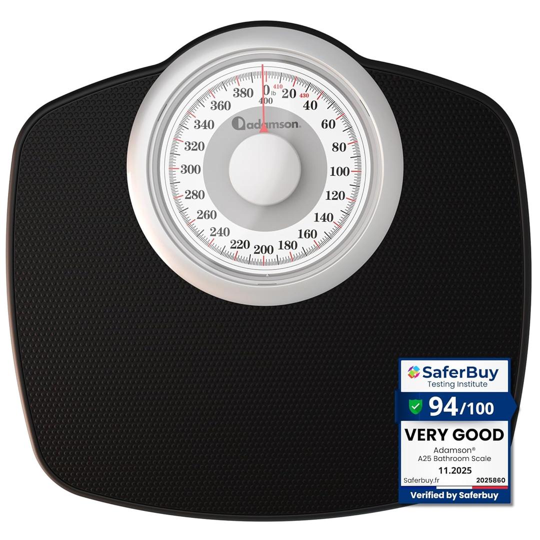 Adamson A25W Scales for Body Weight - Up to 400 LB - 5.3" Dial on 12.4" x 10.2" Platform - Anti-Skid Rubber Surface - High Precision Bathroom Scale Analog - Durable with 20-Year Assurance - White