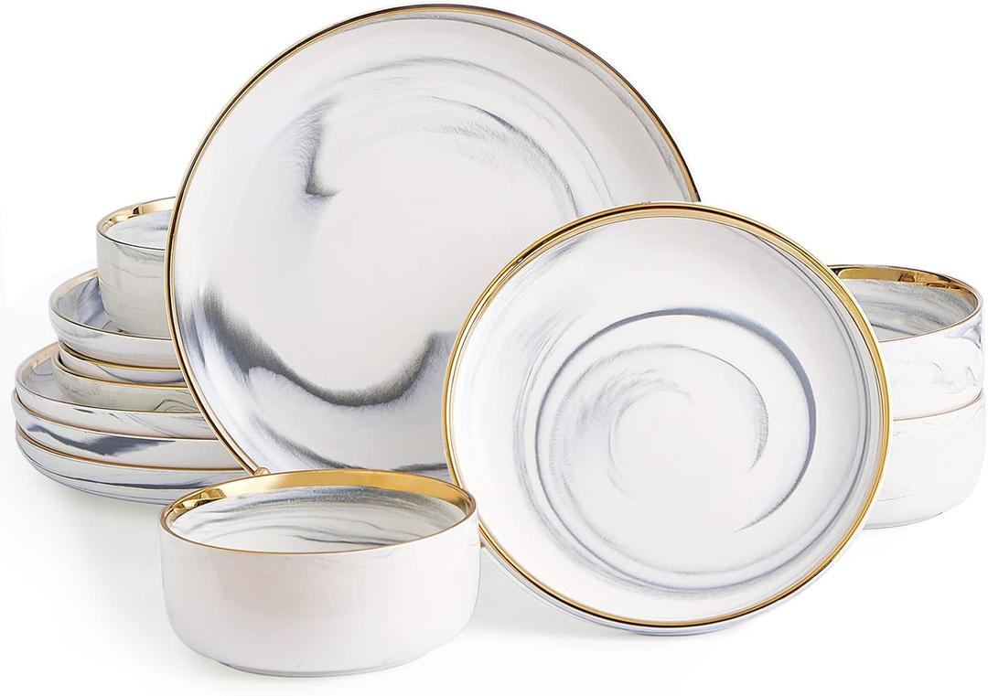 Pokini Marble Gold Rim Dinnerware Sets, Porcelain Plates and Bowls Sets, Modern Luxury Dish Set for 4, White Grey China Dinner Set for Special Occasions, Hand Wash Quickly