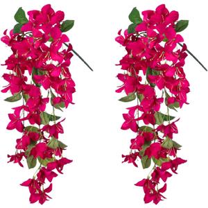 2PCS Bougainvillea Artificial Hanging Flowers Plants for Outdoors Outside Fall Decoration, Faux Silk Flowers Fake Vines UV Resistant Look Real Realistic for Front Door Porch Planter Balcony, Hotpink