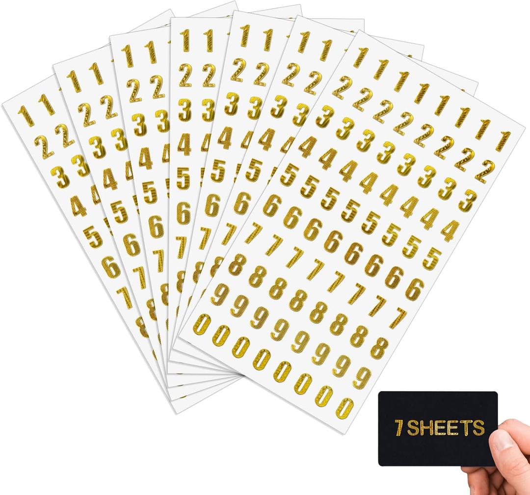 Aixoom 7 Sheets Gold Number Stickers Small Gold Glitter Number Sticker Self Adhesive for Graduation Cap Decoration Gift Scrapbooks Greeting Cards Arts Craft