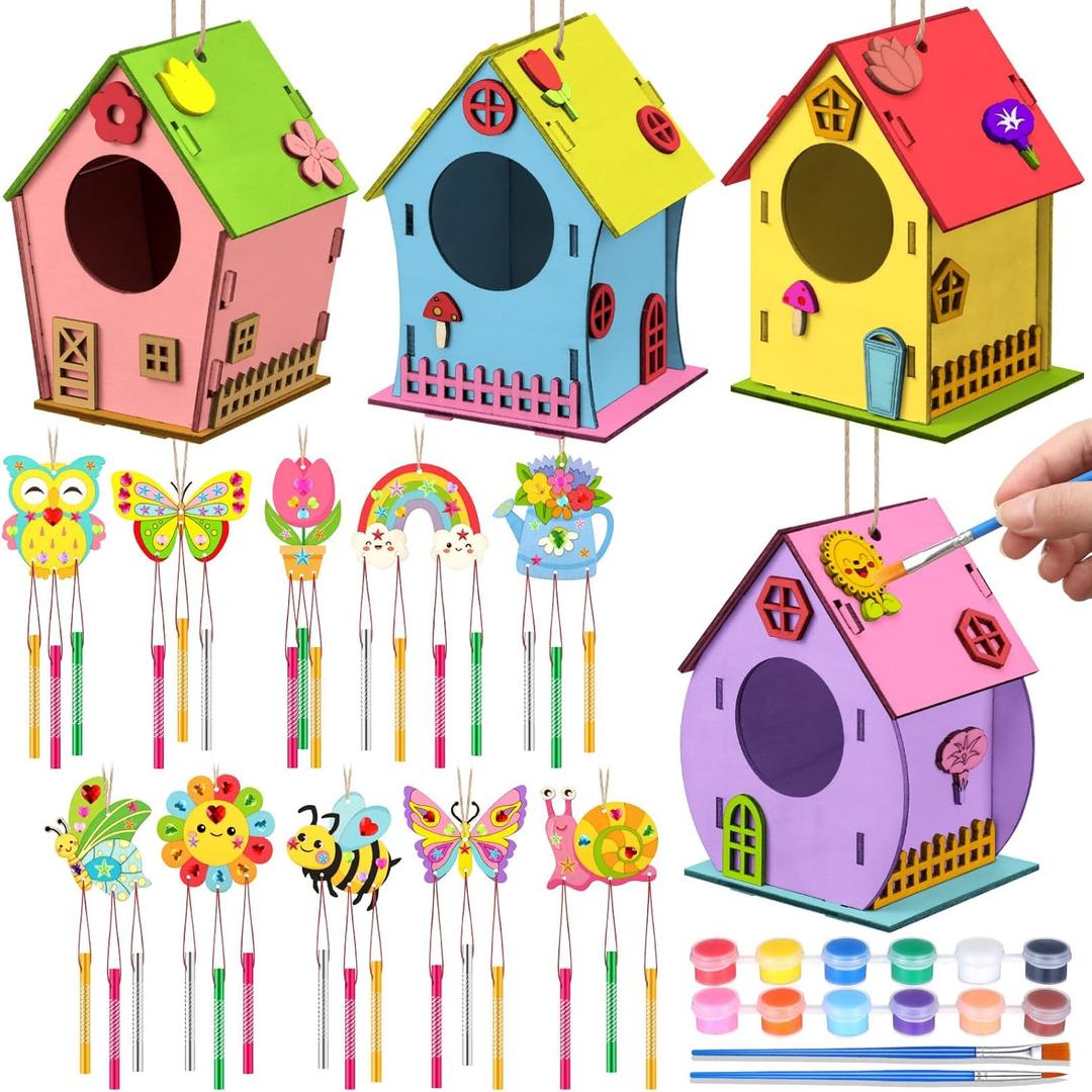 VioraWhite 14 Pcs Wooden Bird House Wind Chime Kits DIY Wood Crafts and Arts Bird House Coloring Unfinished Wood Hanging Ornaments for Spring Party Classroom Painting Activities