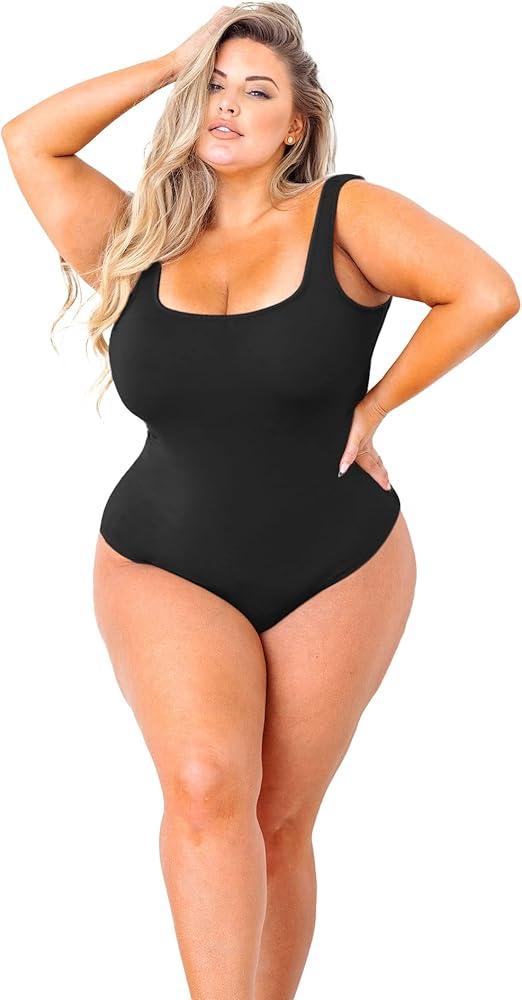 POSESHE Women's Plus Size Bodysuit Square Tank Top Sexy Body Suit For Curvy Women, Size 2XL