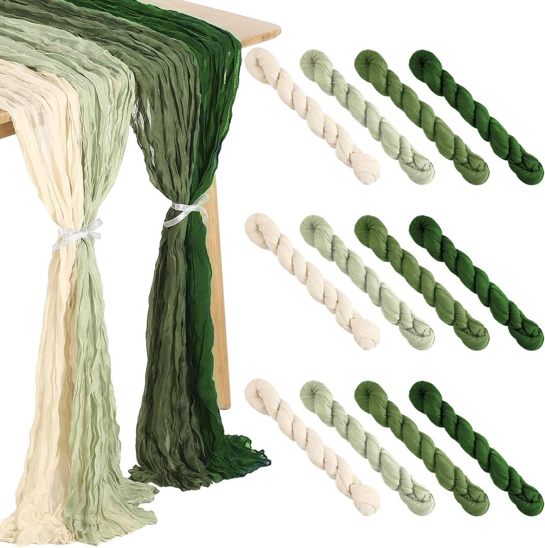 12 Pcs Cheesecloth Gauze Table Runners Boho Wedding Decor Rustic Sheer Runner for Wedding Table Bridal Shower Birthday Party Decorations(Gradient Green,12 Pcs) 
